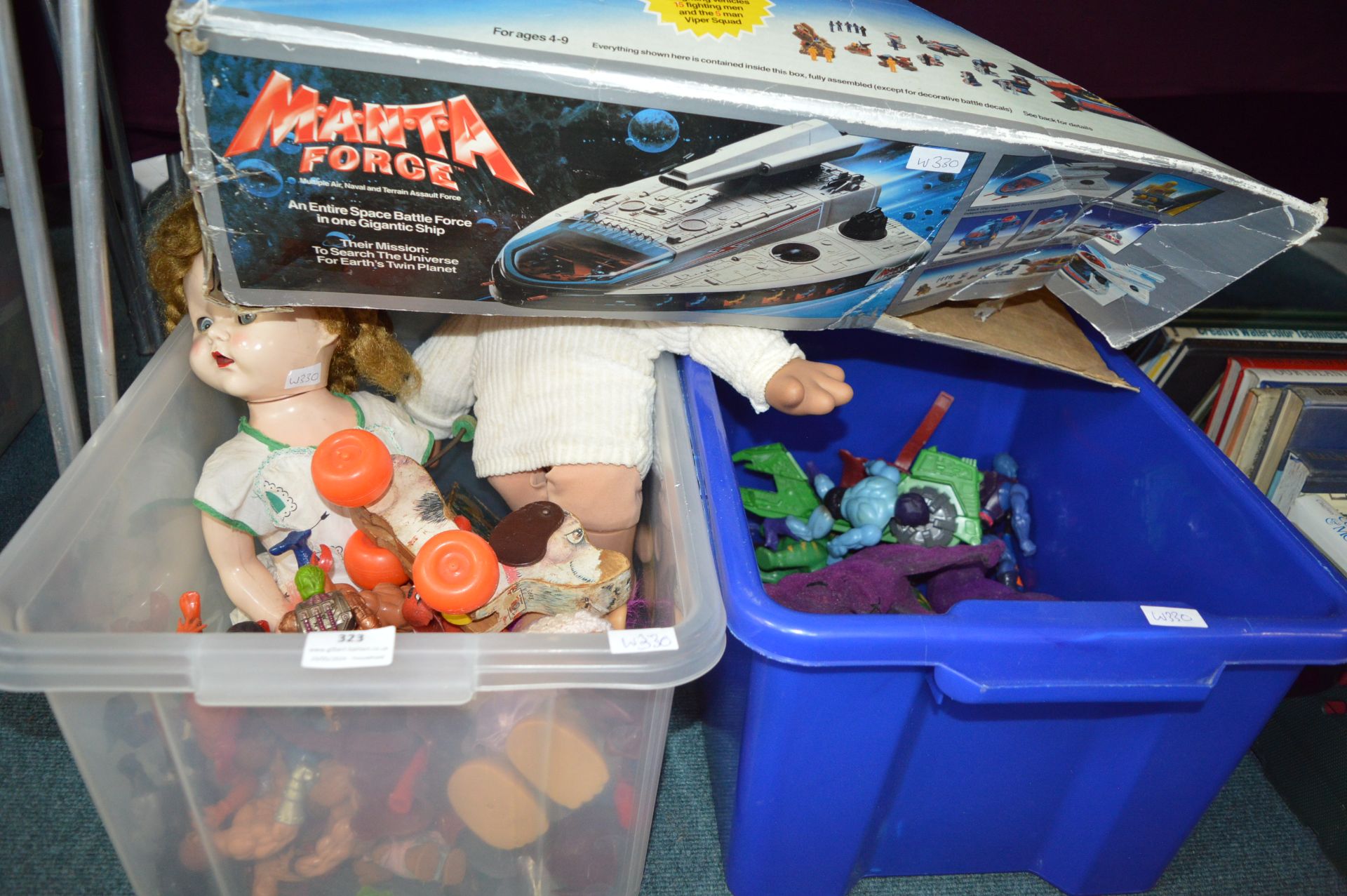 Two Tubs of Toys Including Dolls, Troll, and a Man