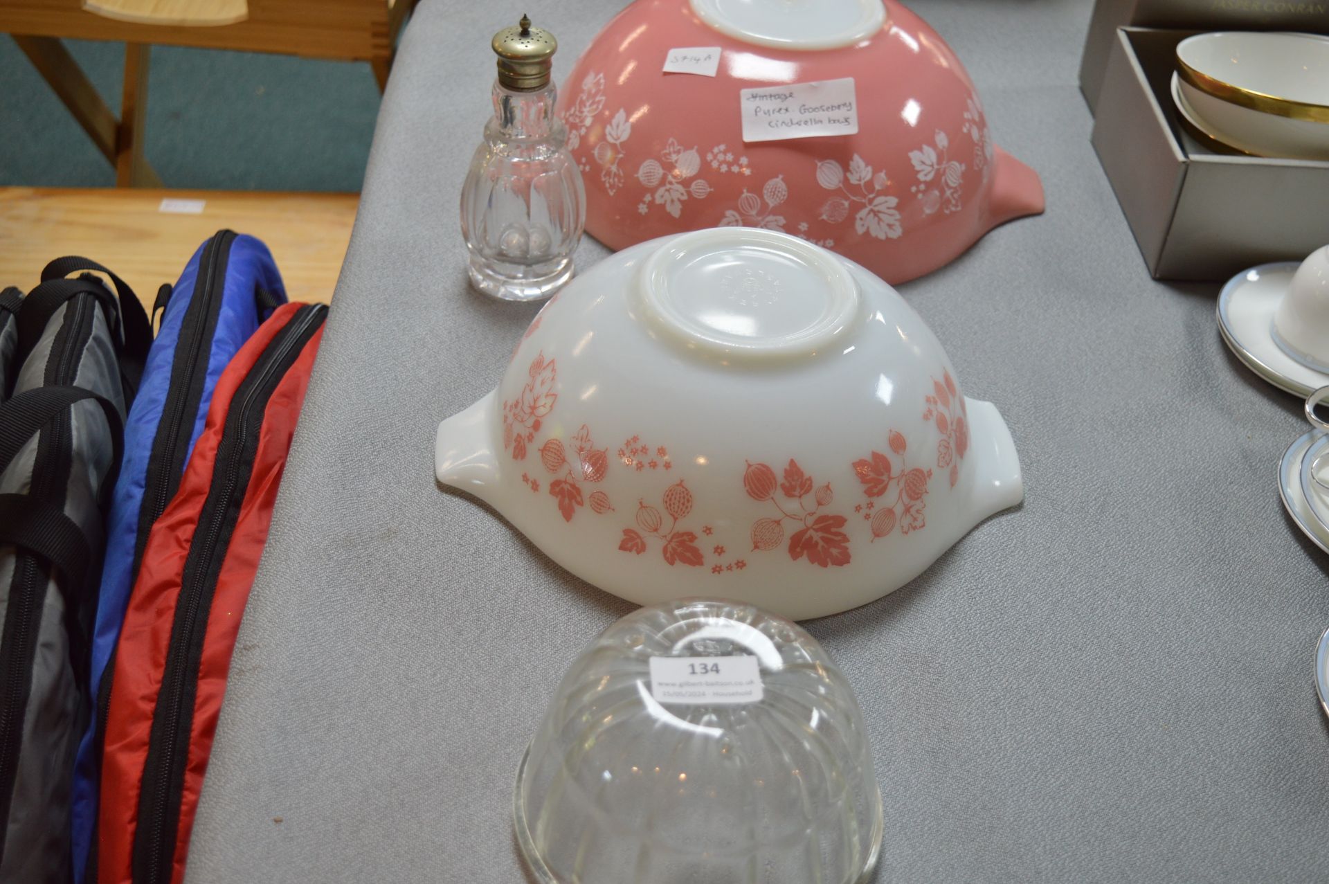 Two Pyrex Gooseberry Cinderella Bowls, plus Jelly Moulds, and a Caster