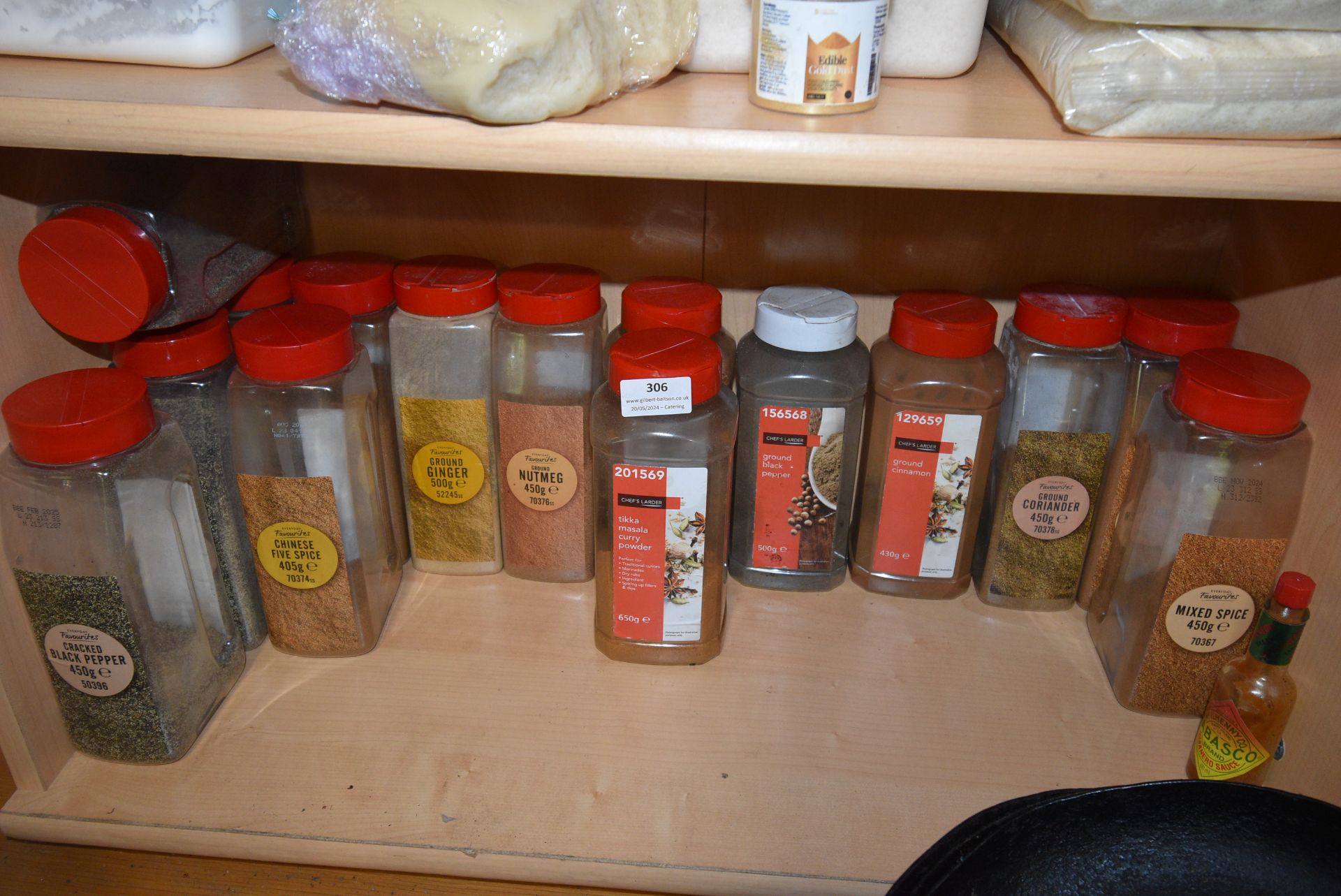 Contents of Shelf to Include Assorted Spices Including Black Pepper, Nutmeg, Ginger, etc.