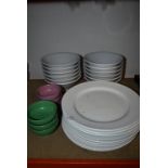 Quantity of Plain White Plates and Bowls, plus Three Pink and Three Green Bowls