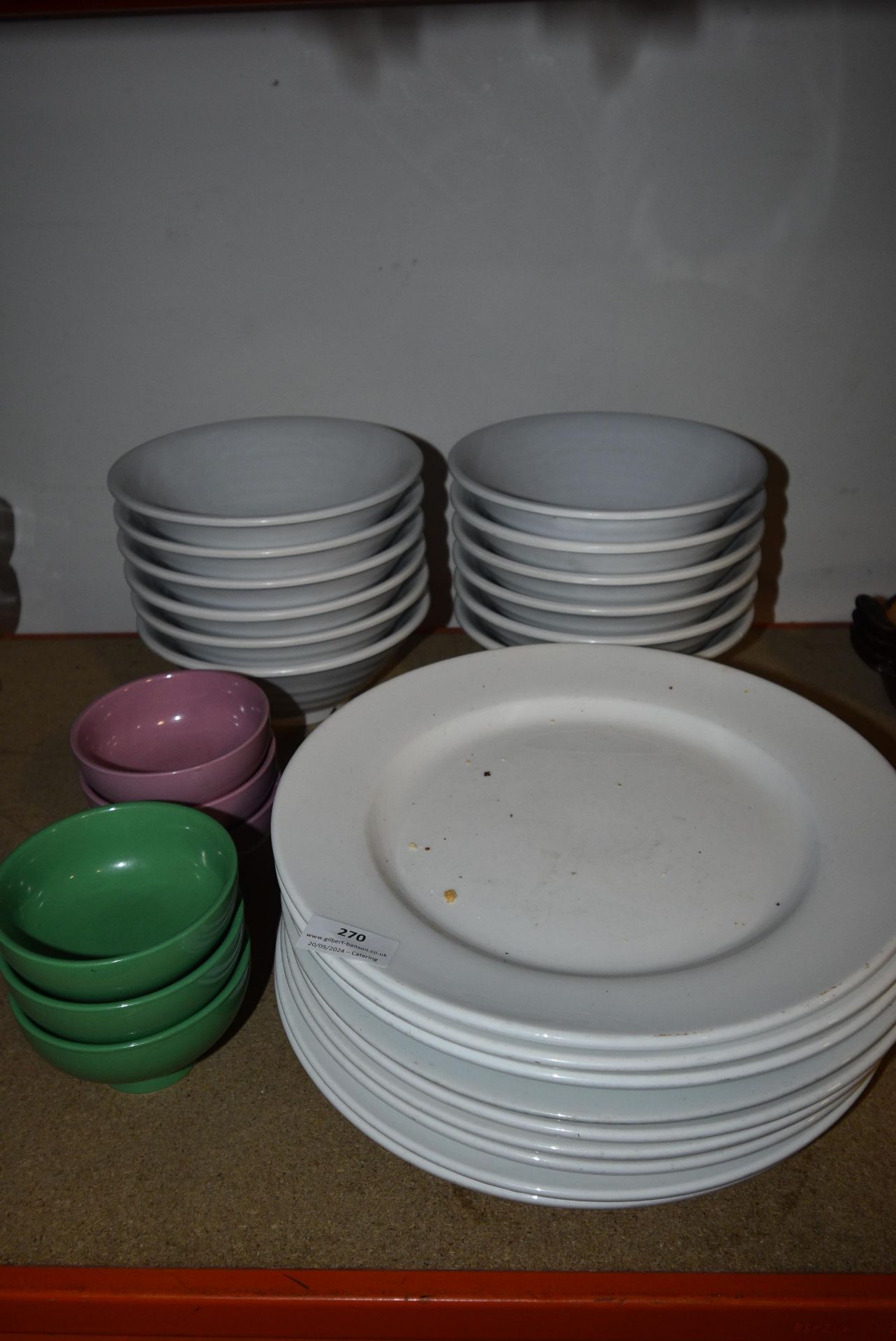 Quantity of Plain White Plates and Bowls, plus Three Pink and Three Green Bowls