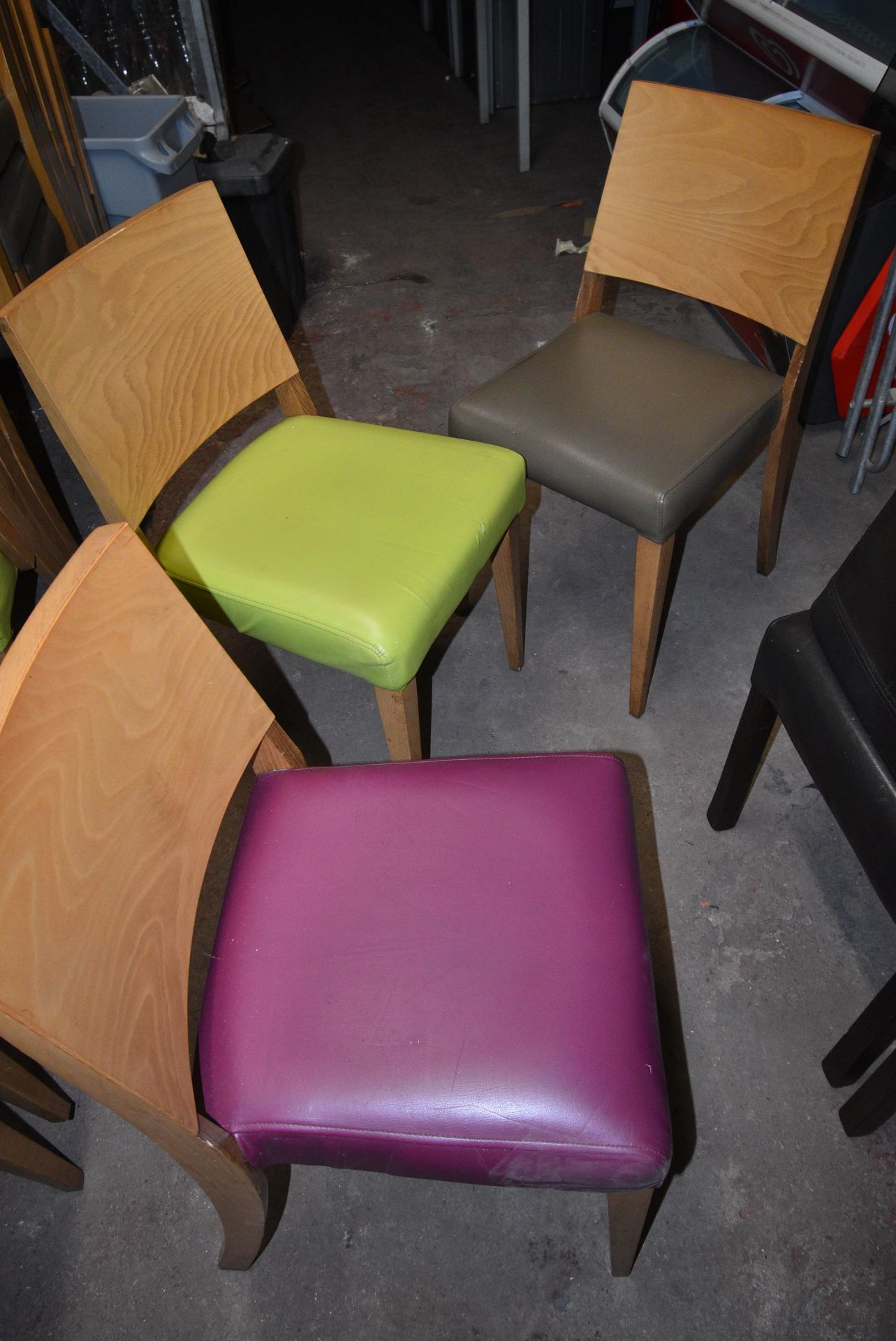 Five Wooden Framed Chairs with Upholstered Seats (assorted colours, first come first serve)