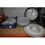 Quantity of Assorted White Platters plus a Clock