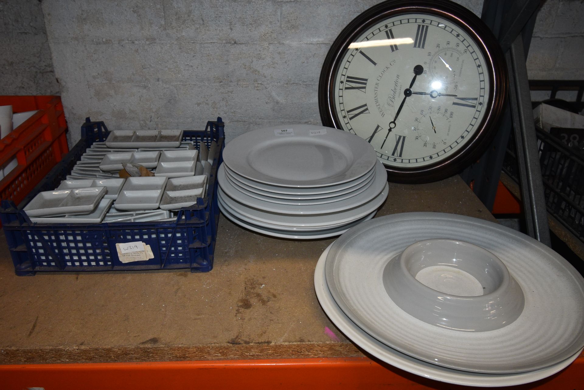 Quantity of Assorted White Platters plus a Clock