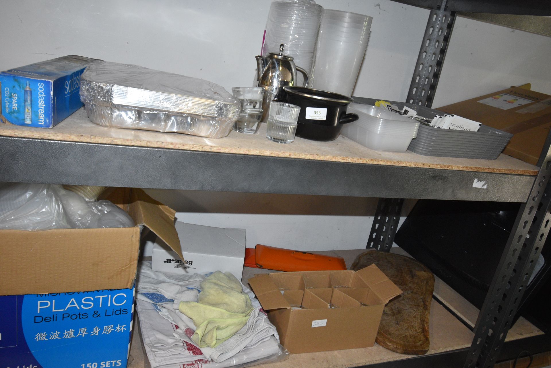 Contents of Two Shelves to Include Assorted Plastic Tubs, Soda Stream, Glasses, etc.