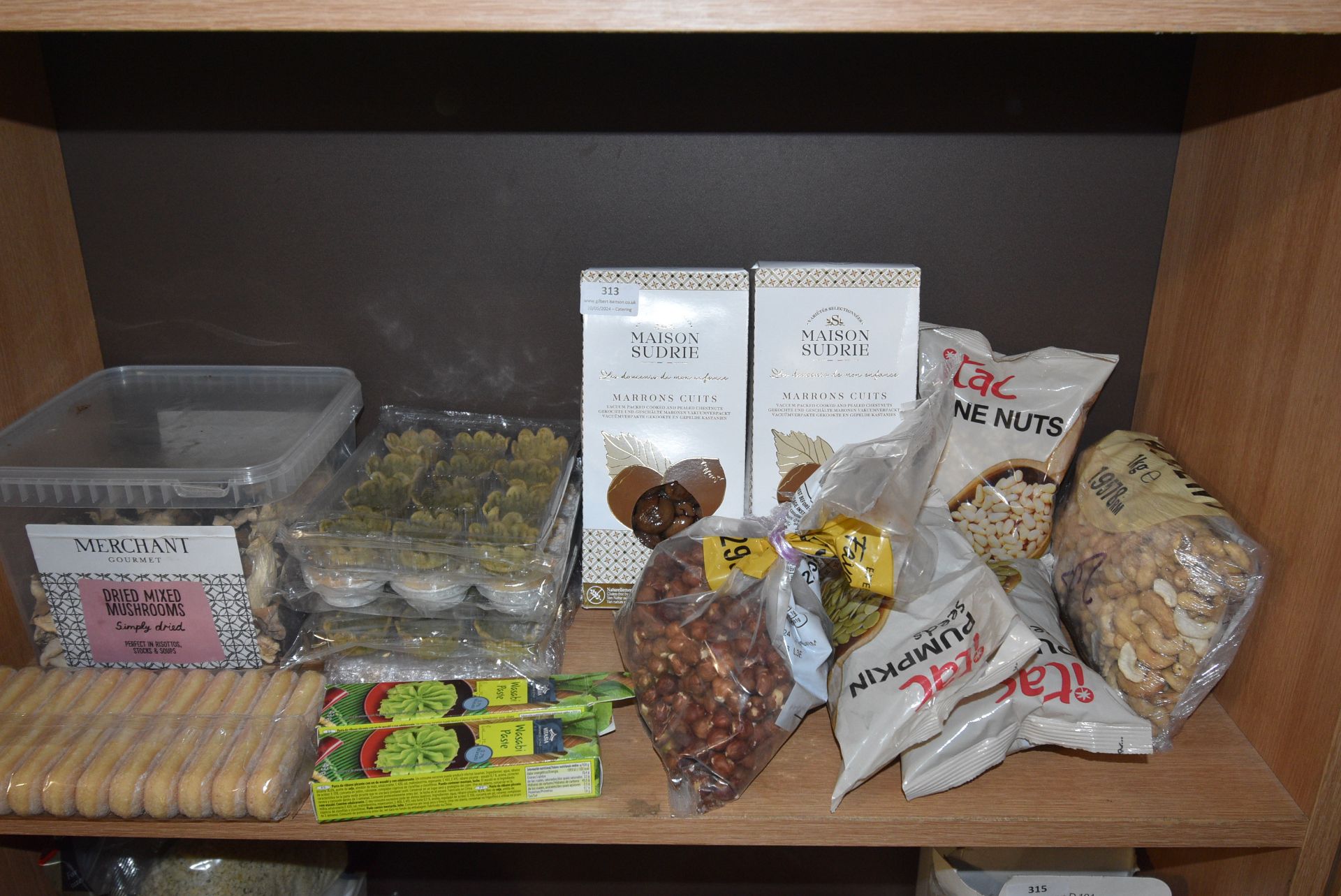 Contents of Shelf to Include Salted Nuts, Dried Mushrooms, Wasabi Paste, etc.