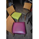 Five Wooden Framed Chairs with Upholstered Seats (assorted colours, first come first serve)