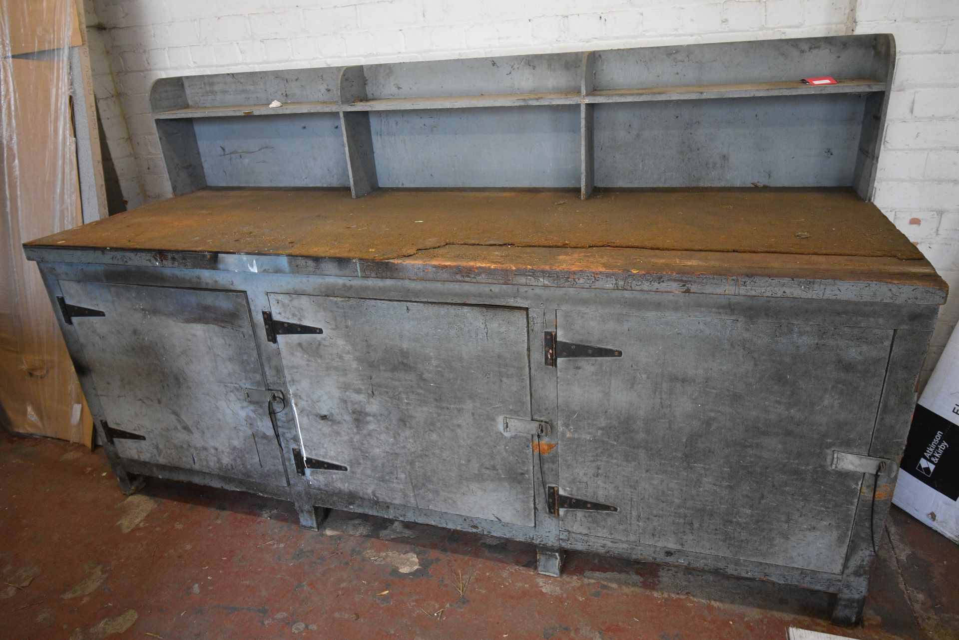 Antique Wooden Three Door Cabinet with Upstand & Shelves to Rear