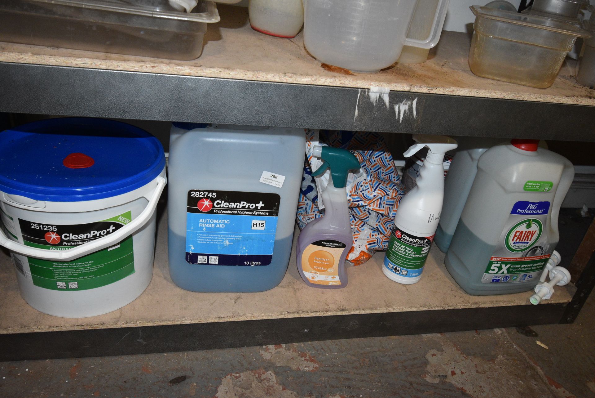 Quantity of Assorted Cleaning Supplies Including Automatic Rinse Aid, Antibacterial Wipes, Fairy