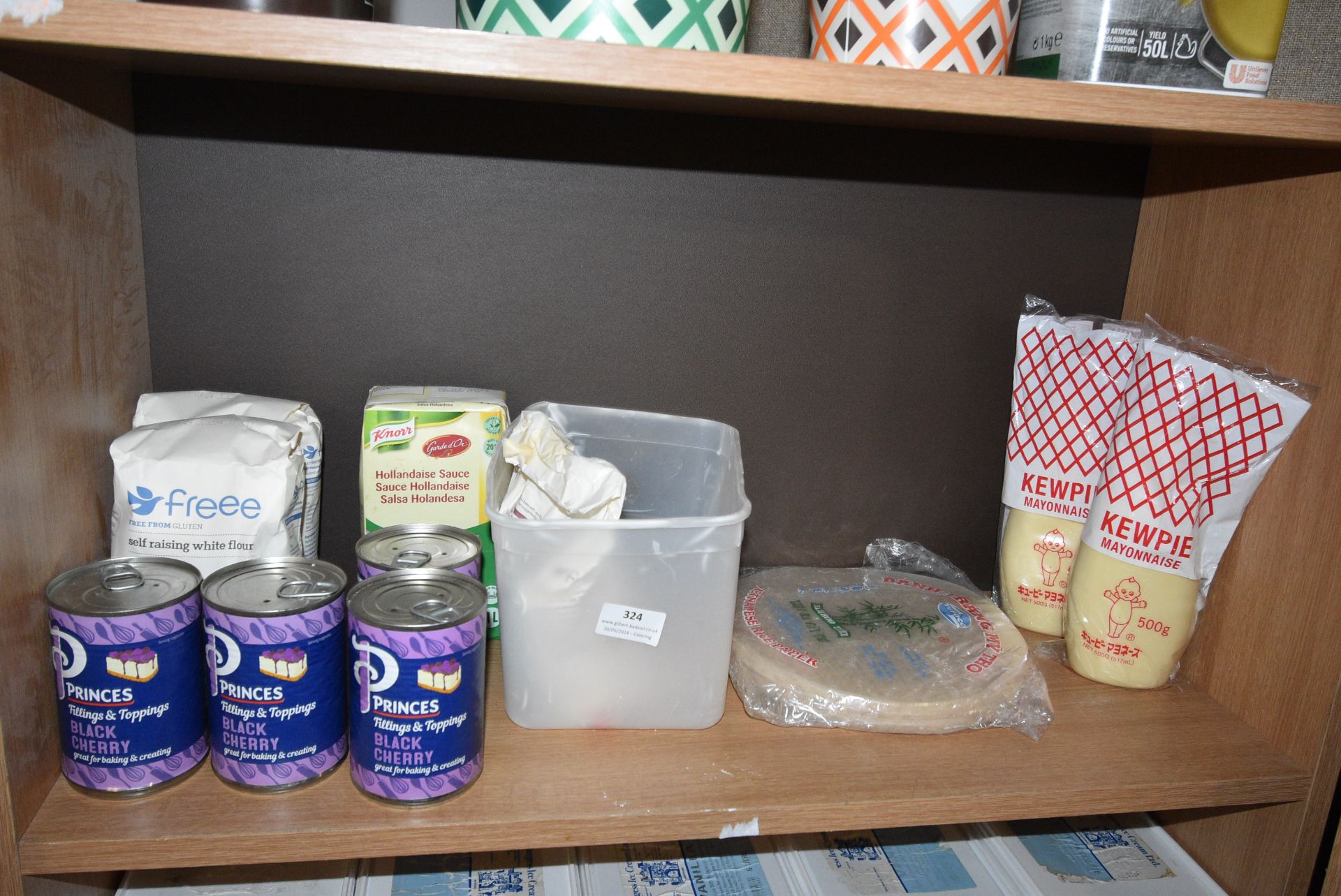 Contents of Shelf to Include Black Cherry Topping, Self Raising Flower, Mayonnaise, etc.