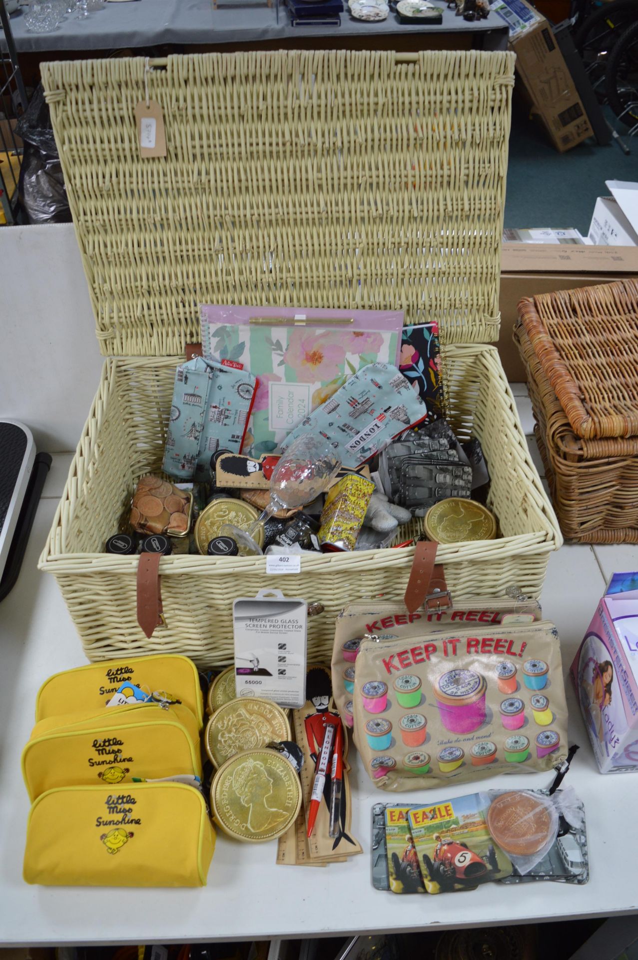 Picnic Basket Containing Craft Items, Gifts, and N