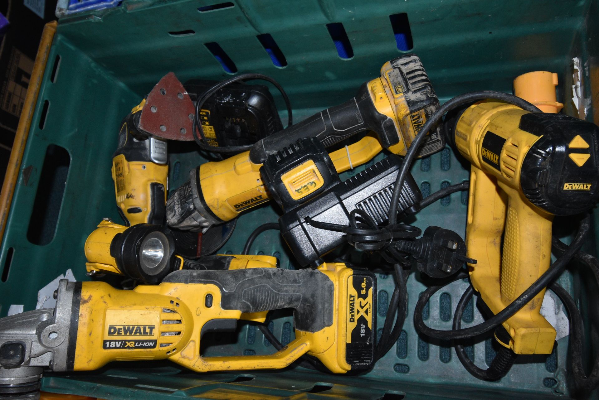 Dewalt Battery Operated Tools Including Angle Grinders, Torches, Sanders, and a 110v Heat Gun - Image 2 of 2