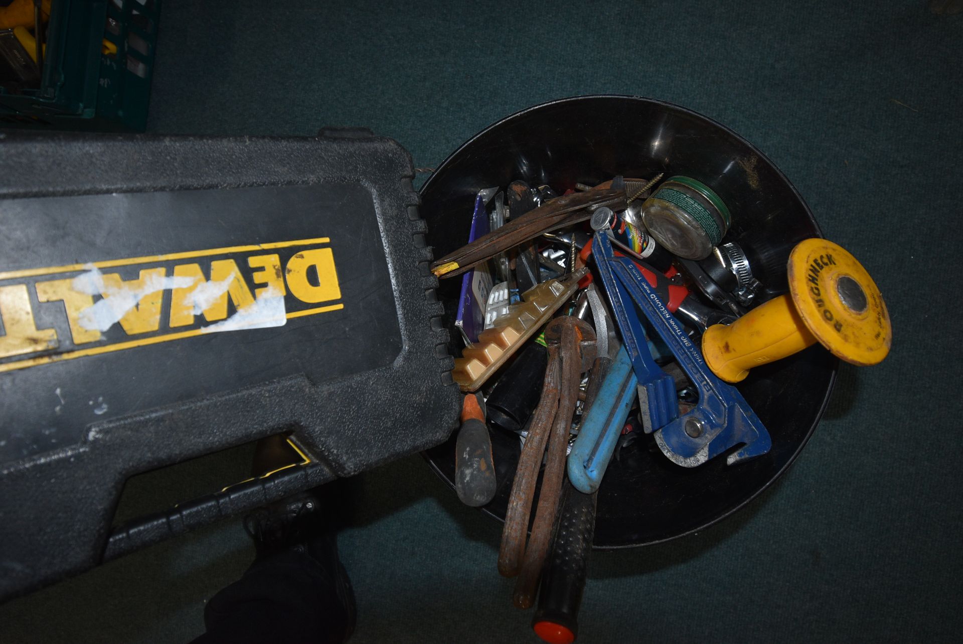 Tub Containing Various Fixings, Hammer, Pipe Bender, etc.