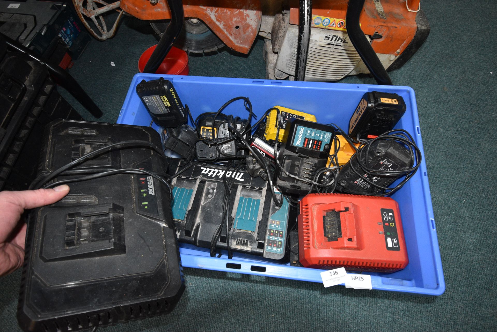 Quantity of Assorted Battery Chargers and Batteries Including Makita, Stanley, Snap-On, etc.