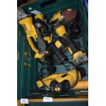 Dewalt Battery Operated Tools Including Angle Grinders, Torches, Sanders, and a 110v Heat Gun