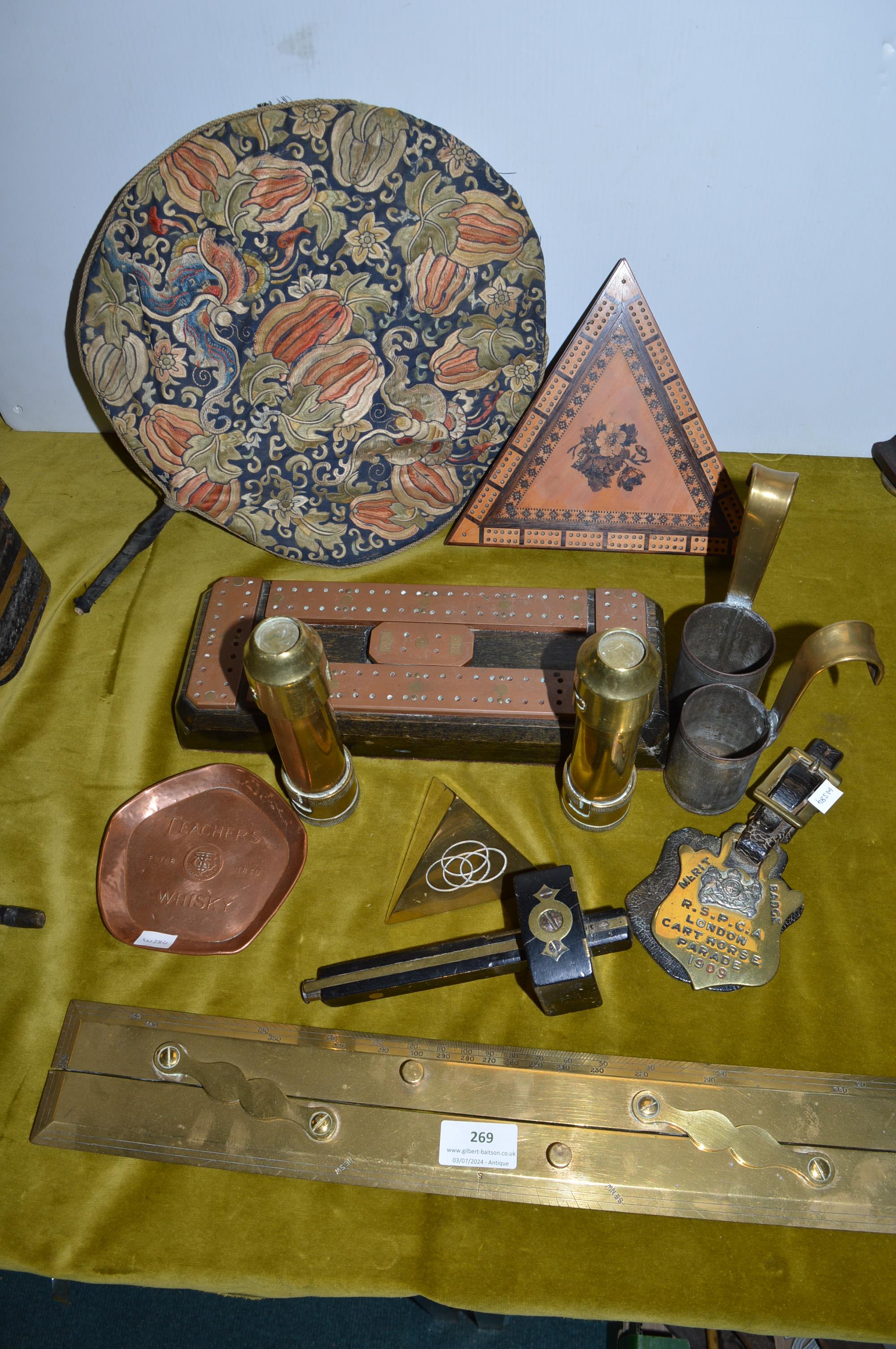 Brass & Copper Items Including Tramel, Cribbage Boards, Measures, etc.