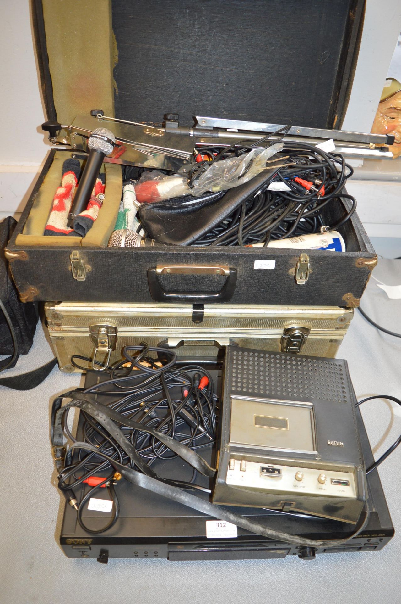 Assorted Audio Cables, Microphones, and a Sony Min