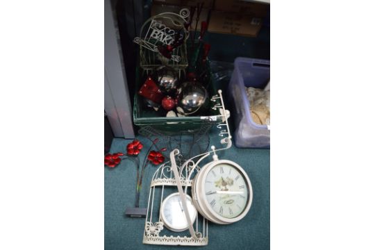 Wire Baskets, Decorative Items plus Clocks etc