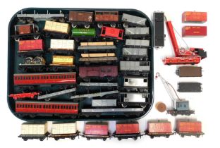 Hornby Dublo rolling stock and coaches, including breakdown crane, ore tipper wagons, flat wagons, b