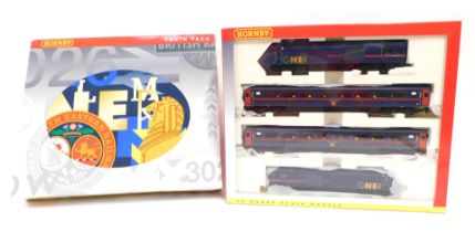 A Hornby OO gauge GNER HST125 train pack, comprising power car, dummy car, and two coaches, R2612, b