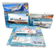 Revell and Italeri model kits, comprising Queen Mary II ocean liner, Search and Rescue cruiser DGZRS