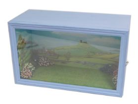 A glazed cabinet with coastal scene and floral decoration, 1:12 scale.