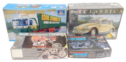 Revell, IMI and Italeri model kits, comprising Harley Davidson Chopper, VW Kafer 1951-52, Eddie Stob