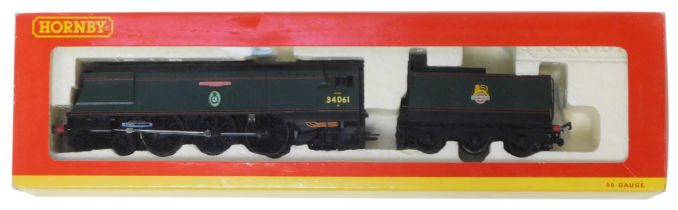 A Hornby OO gauge Battle of Britain Class locomotive 73 Squadron, 4-6-2, 34061, BR lined green liver