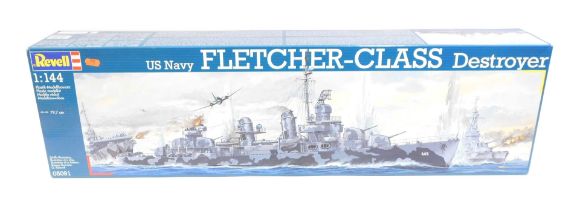 A Revell US Navy Fletcher Class Destroyer model kit, 1:144 scale, boxed.