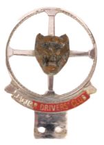 A Jaguar Driver's Club car badge, chrome circular disc design, with a mounted jaguar's head, with re