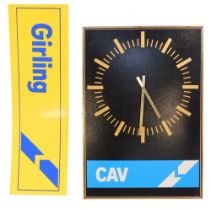 A Cav Automobile advertising wall clock, with a black cardboard dial, in brass coloured casing, 60cm