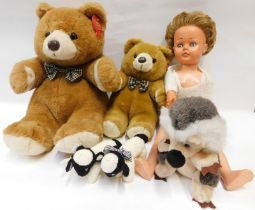 Teddy bears and a doll, including two knitted sheep, two Teddy bears, hedgehog and a cellulose doll.