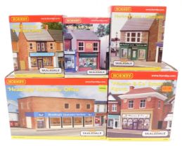 Hornby OO gauge Skaledale buildings, comprising R9677 Herbert Lens Opticians, R9714 Shop for Sale, R