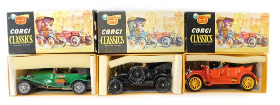 Corgi Classics, comprising 9001 1927 Bentley, 9021 1910 Daimler, and a 1915 Ford Model T Tin Lizzie,