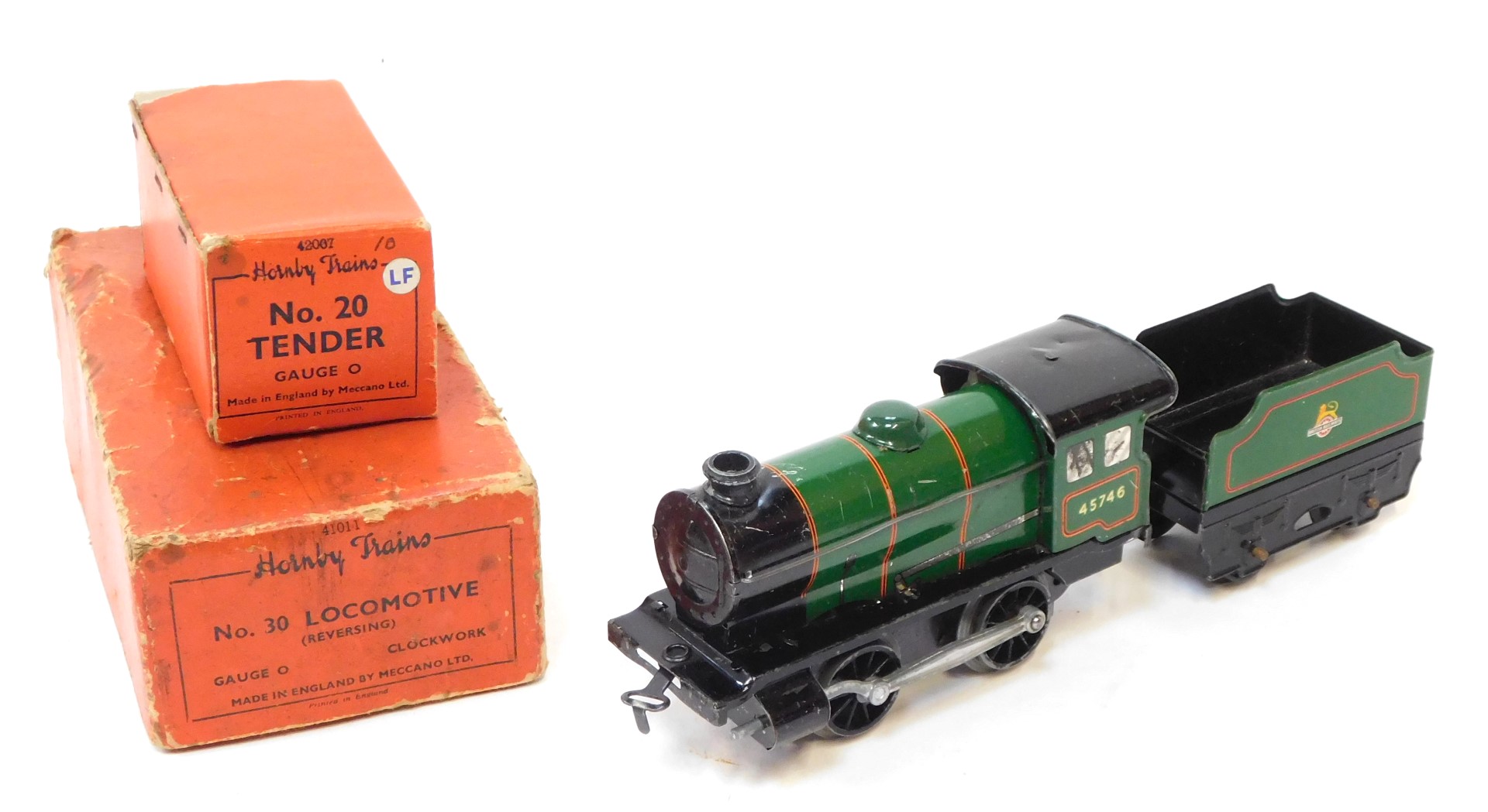 A Hornby O gauge tinplate No 30 locomotive and tender, BR lined green, boxed.