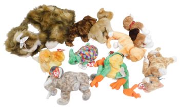 TY Beanie Babies, including Tumbles the Cat, Chicky the Chicken, Pounds the Elephant, Zoom the Torto