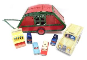 Toys, comprising a Meccano caravan, a Mettoy Toy Town cash register, Corgi Toys Superior ambulance,