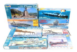 Revell, Italeri and other model kits, including U boat Class 214, light cruiser SMS Dresdon, USS Car