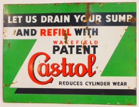 A Castrol Oil metal and enamel advertising sign, marked Let Us Drain Your Lubricant and Refill, on a