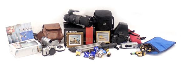 Miscellaneous items, to include a Canon EOS camera, telescopic tripod, films, two miniature oil pain