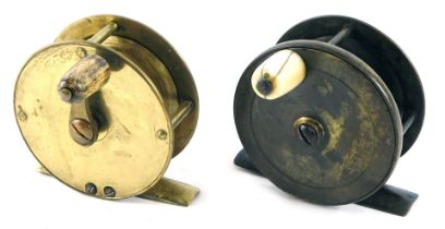 A late 19thC Farlow brass fishing reel, engraved with makers details and an ivory handle and a brass