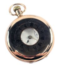 A 9ct gold half hunter Waltham pocket watch, the outer case with black enamel Roman numeric border,