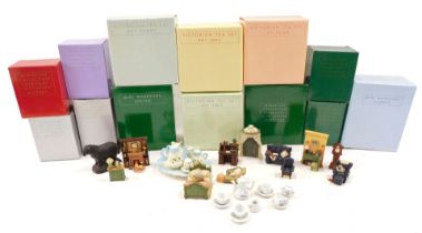 A collection of doll's house furniture, to include mini wardrobe, Victorian tea set, miniature colle
