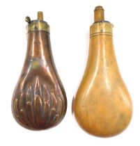 A 19thC copper and brass powder flask, with simple embossed design, 28cm long, and a plain example,