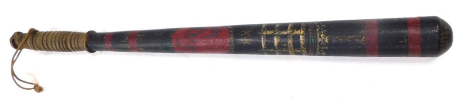 A 19thC turned oak truncheon, for Rye, decorated with a crowned portcullis and with red banding on a