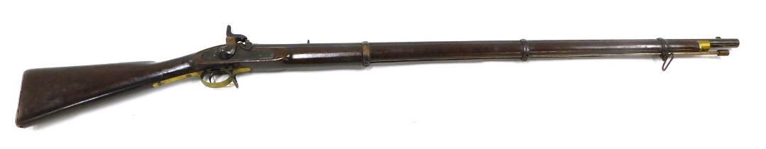 A 19thC Enfield 1862 pattern percussion musket, the side lock plate stamped with VR crown and cypher