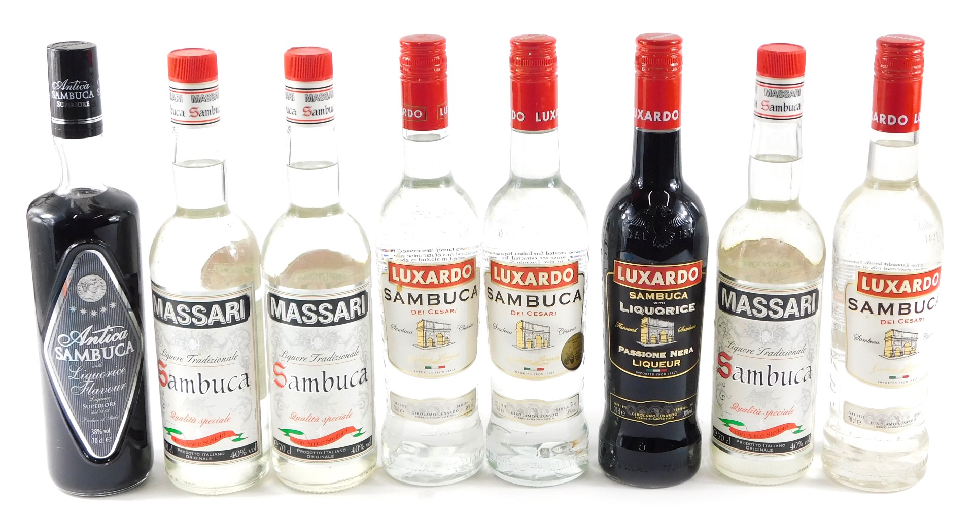 Four bottles of Luxardo Sambuca, (one liquorice), three bottles of Massari Sambuca, and Antica Sambu