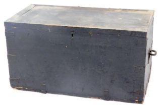 A black painted pine and metal bound tool chest, with recessed handles, 100cm wide.