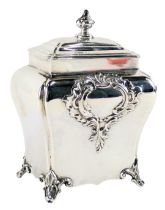 A Walker and Hall Victorian bombe shaped silver tea caddy, with vacant cartouche and scroll feet, Sh