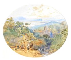 19thC School. View Of Castle From Moss House, monogrammed and titled, dated 1857, oval 20cm x 24cm,